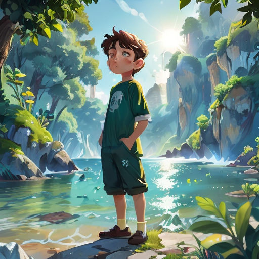 a boy standing on a rock near a river in a forest with a waterfall in the background and a sun shining through the trees