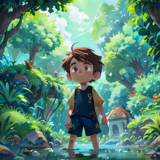 a boy standing in the middle of a forest with a pond in front of him and a fish in the water