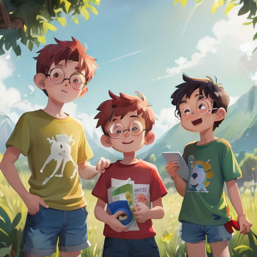 three boys standing in a field with a book in their hands and a book in their hand, with a mountain in the background