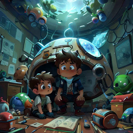 a couple of kids are sitting in a room with a book and a robot on the floor and a book on the floor