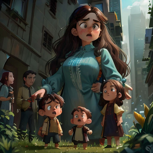 a woman standing next to a group of children in a city park with a man holding a child's hand