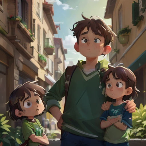 a man and two children standing in front of a building with a sky background and a city street in the background