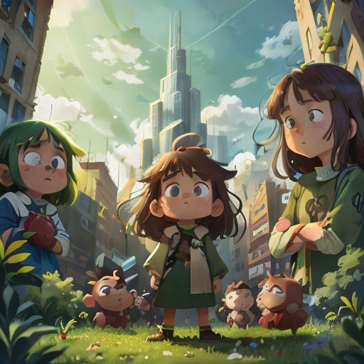a group of people standing in the grass near a building and a city with tall buildings in the background
