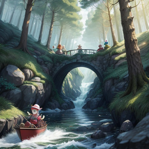 a painting of a man in a boat in a river under a bridge with a bridge over it and people on the bridge