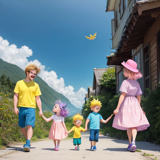 a family of three walking down a road holding hands and smiling at the camera with a kite flying in the sky