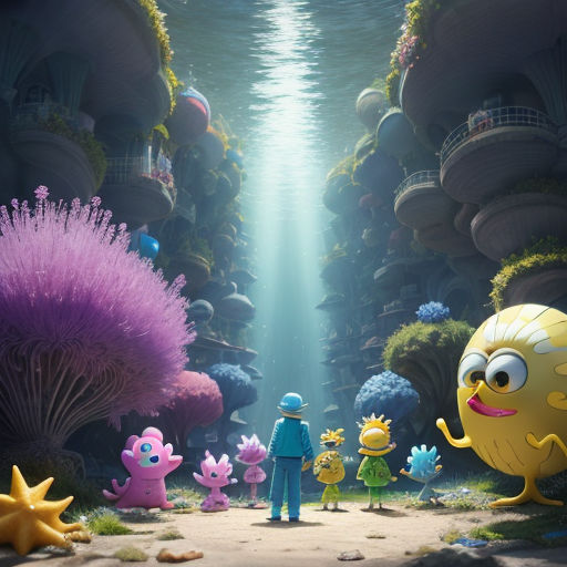 a group of cartoon characters standing in front of a tunnel of plants and flowers with a man in the middle
