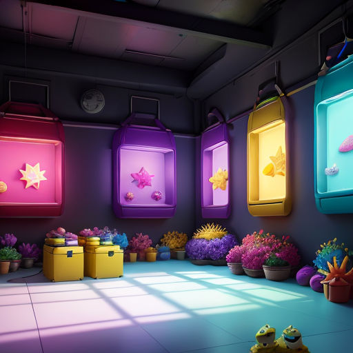 a room with a lot of different colored lights and plants in it and a yellow fire hydrant in the middle