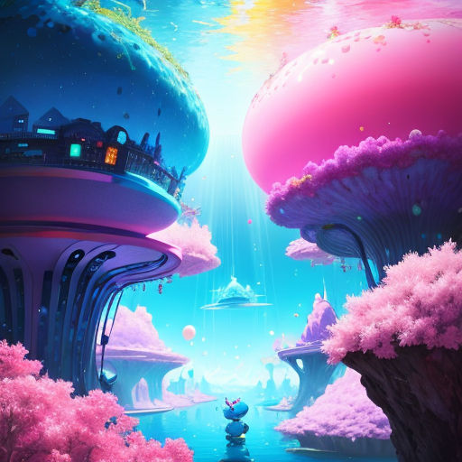 a futuristic landscape with a man standing in the middle of the water and a lot of jellyfish in the background