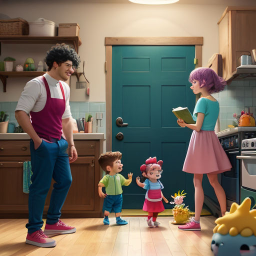 a man and two children in a kitchen with a blue door and a green door behind them and a man reading a book
