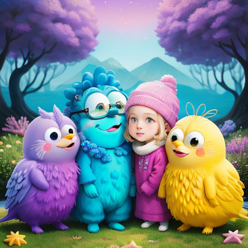 a painting of a girl and three birds in a forest with a mountain in the background and stars in the sky