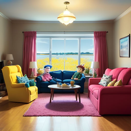 a living room with a couch, chair, table and a window with a view of a field of flowers