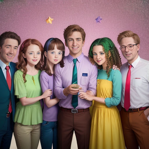 a group of people standing next to each other in front of a pink wall with stars on it and a purple background