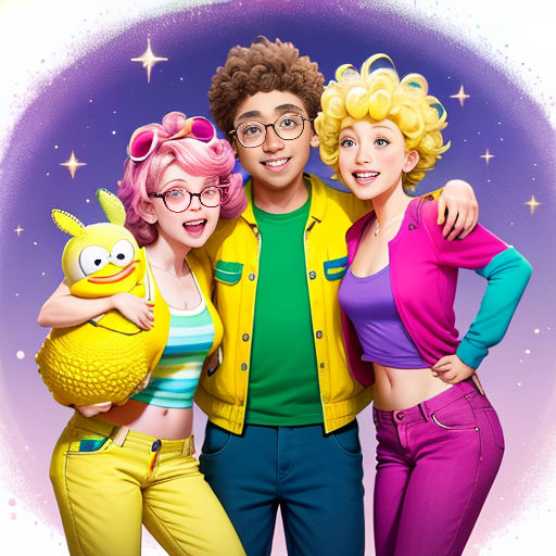 a man and two women standing next to each other in front of a purple background with stars and a yellow jacket