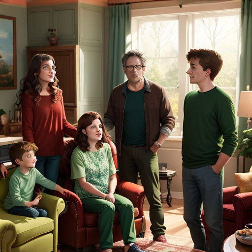 a family standing in a living room together in front of a window with a dog on the floor and a man standing in the living room
