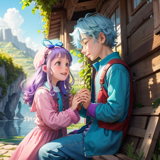 a couple of people sitting on a bench next to each other near a lake and mountains in the background