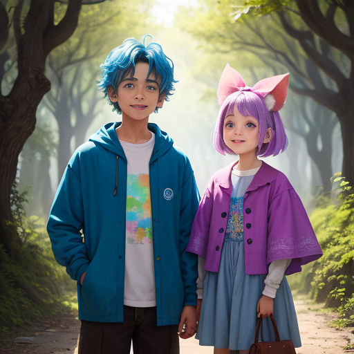 a boy and girl standing next to each other in a forest with trees and bushes behind them, both wearing blue and purple hair
