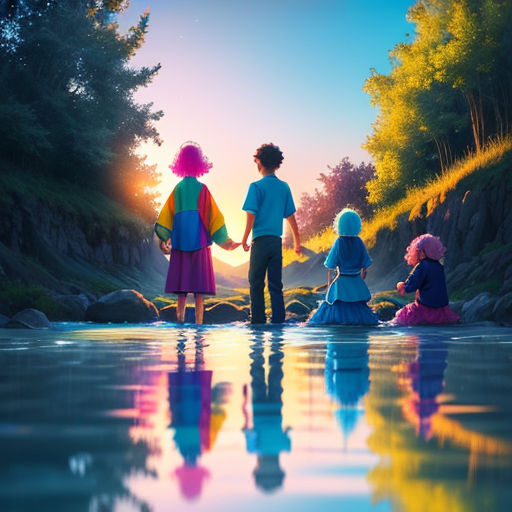 a group of children standing on top of a river next to a forest filled with trees and rocks at sunset