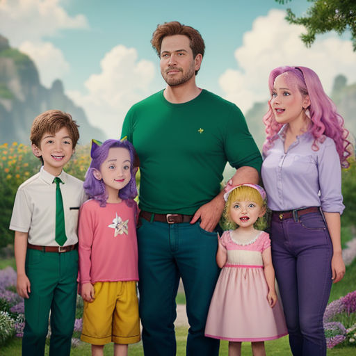a man and two children standing next to each other in front of a painting of a man and two children