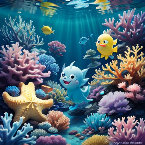 a painting of a blue fish and a yellow fish swimming in a coral reef with corals and starfish