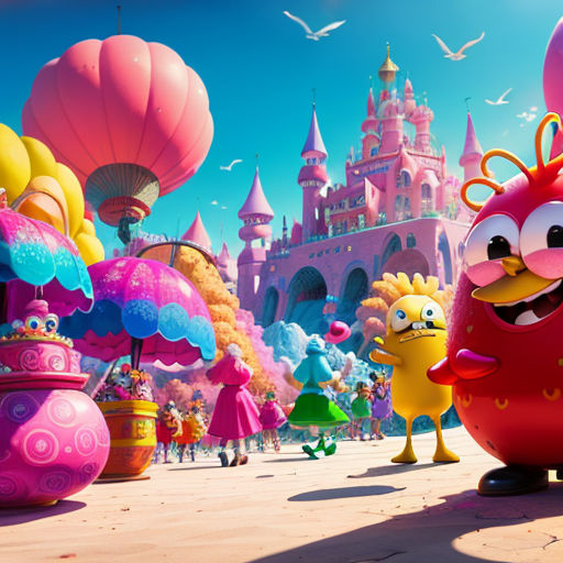 a cartoon character standing in front of a castle with balloons and other decorations in the background, with a bird flying over the castle