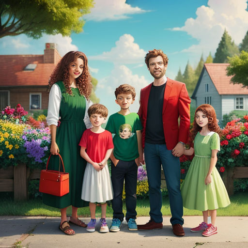 a family standing in front of a flower garden with a house in the background and a woman holding a red purse