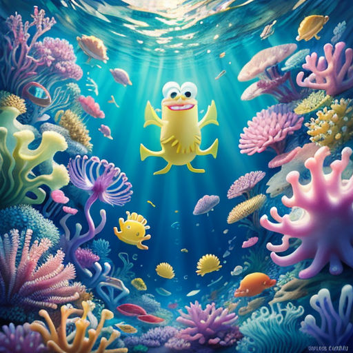 a painting of a yellow fish in a blue ocean with corals and other marine life around it, with a sunbeam