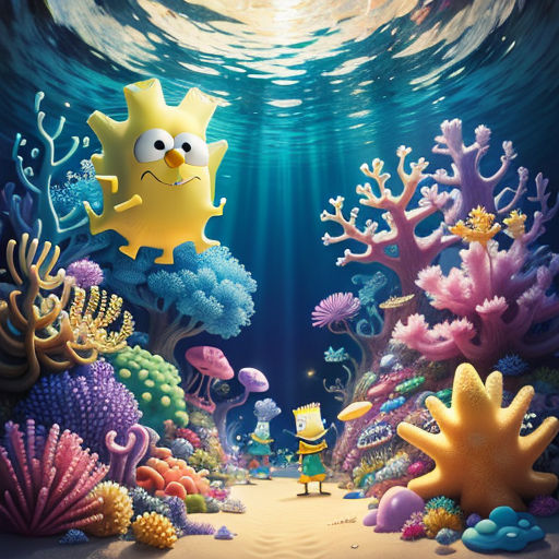 a cartoon character is standing in the middle of a sea floor with corals and sponges on it