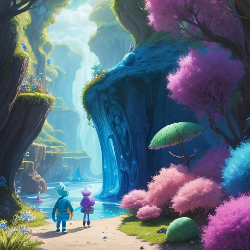 a painting of a man and a woman walking through a forest with a waterfall in the background and a waterfall in the foreground