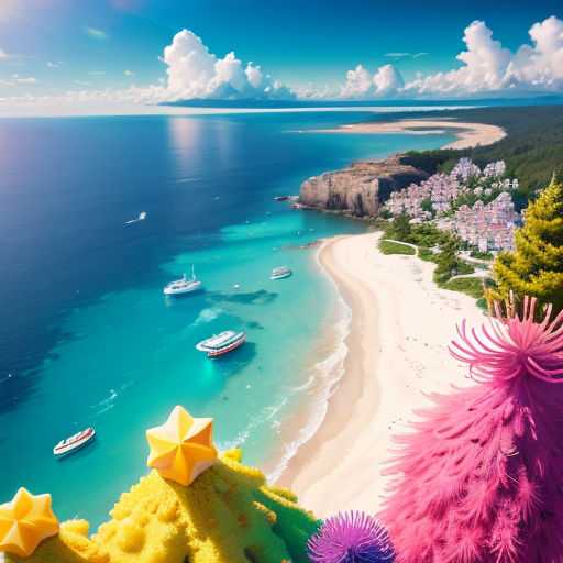 a beach with a lot of boats on it and a lot of sand and water around it and a lot of stars
