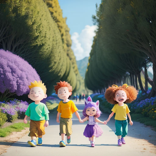 a group of children walking down a road with trees and flowers in the background and a blue sky in the background