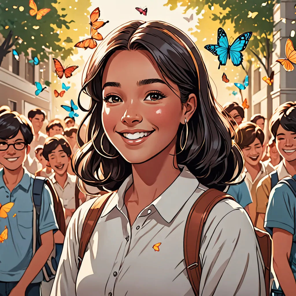 a woman with a backpack standing in front of a crowd of people with butterflies flying around her head and smiling, Artgerm, paris school, a comic book panel, comic cover art