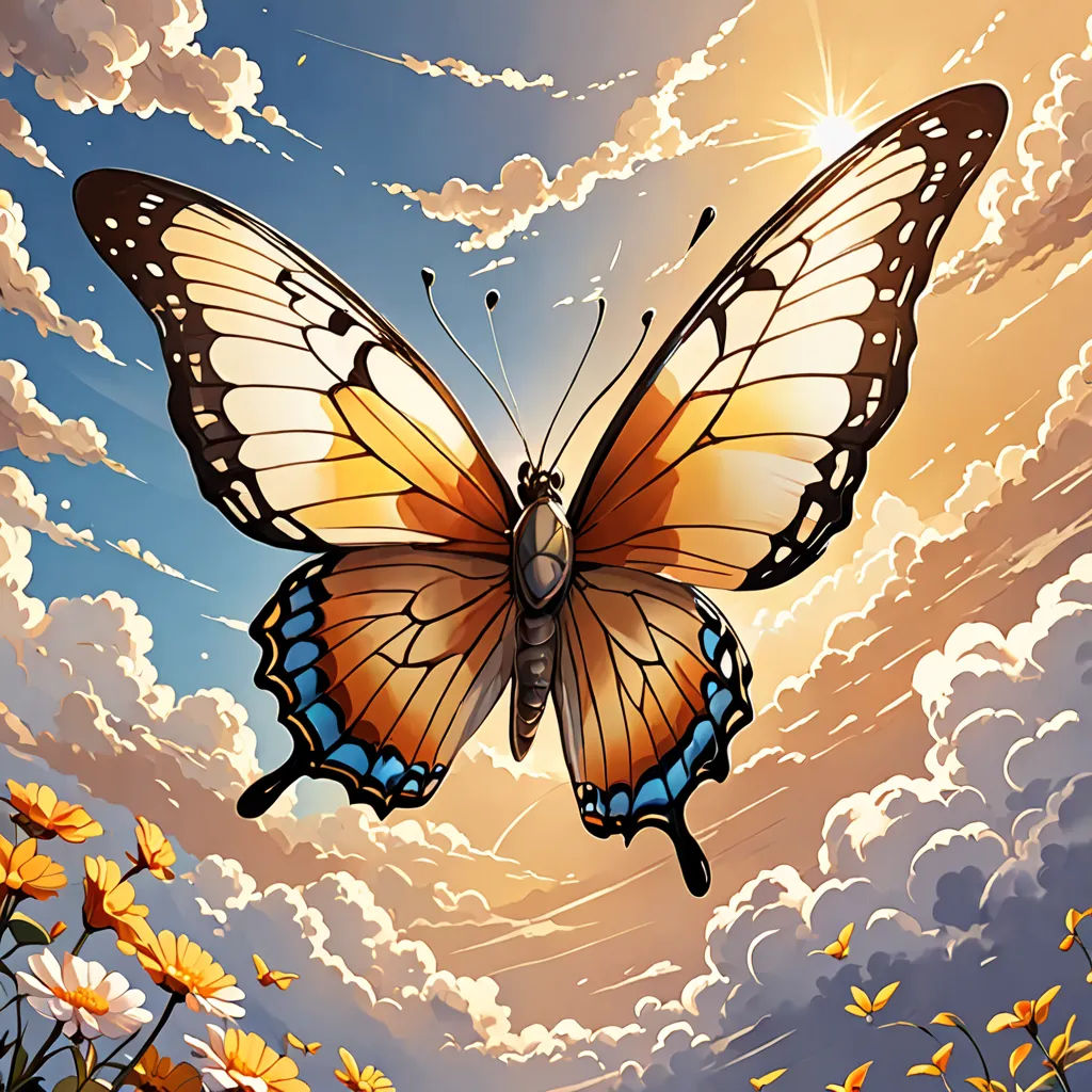 a butterfly flying through a cloudy sky with flowers in the foreground and sun shining through the clouds in the background, Cyril Rolando, magic realism, an airbrush painting, highly detailed digital painting