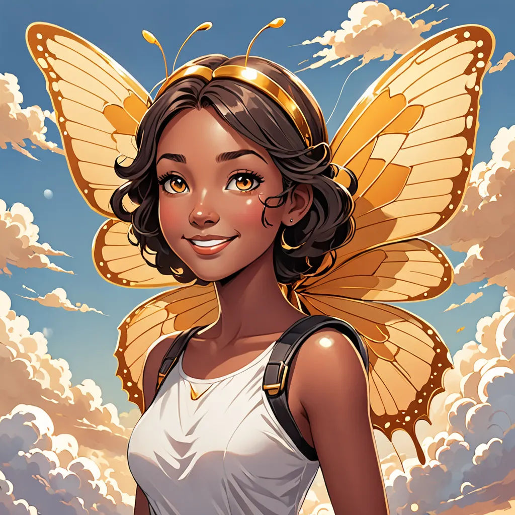 a cartoon of a woman with a butterfly on her head and a sky background with clouds behind her and a sky with clouds, Artgerm, fantasy art, a character portrait, rossdraws global illumination