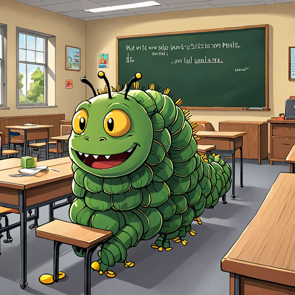 a green caterpillar sitting on a desk in a classroom with a chalkboard in the background and a chalkboard with a chalk board in the background, Amédée Ozenfant, quito school, a storybook illustration, promotional image