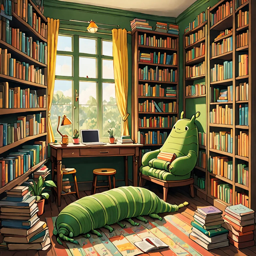 a room with a couch, bookshelf, and a chair in it with a large green pillow on the floor, Chris LaBrooy, fantasy art, a storybook illustration, storybook illustration
