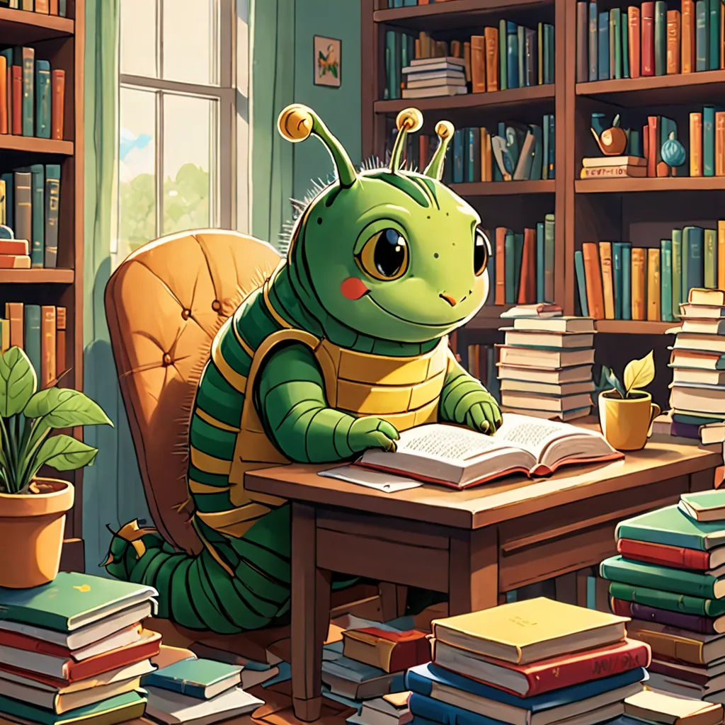 a cartoon of a caterpillar reading a book in a library with a lot of books on the floor, Chris LaBrooy, furry art, a storybook illustration, storybook illustration