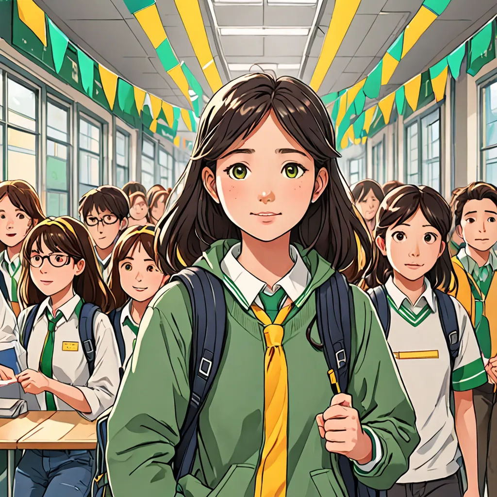 a girl in a school uniform standing in front of a group of children in a classroom with a green and yellow banner, Chen Hong, paris school, a character portrait, official art