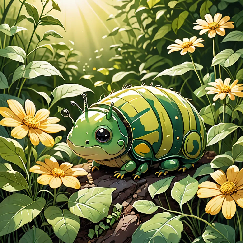 a green and yellow bug sitting on a rock in a field of flowers and plants with sun shining through the leaves, Chris LaBrooy, fantasy art, a digital painting, trending on art station