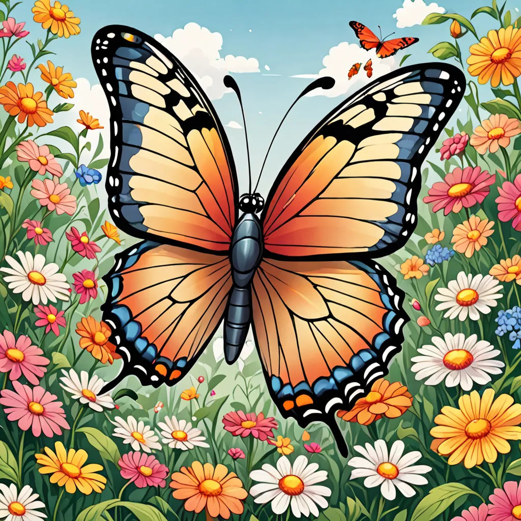 a butterfly is flying over a field of flowers and daisies with a blue sky in the background and clouds, Annabel Kidston, folk art, a storybook illustration, detailed illustration