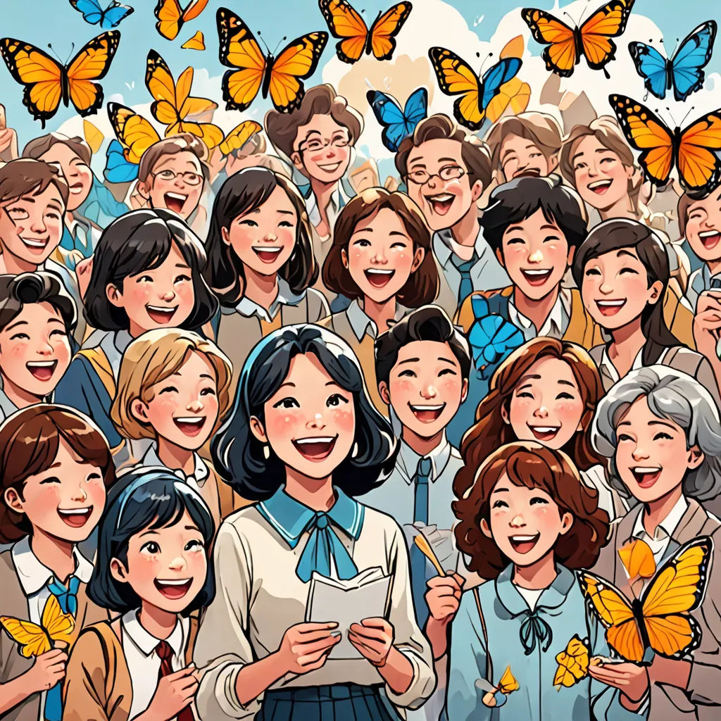 a group of people with many butterflies flying around them and a woman holding a cell phone in her hand, Choi Buk, serial art, a storybook illustration, detailed illustration