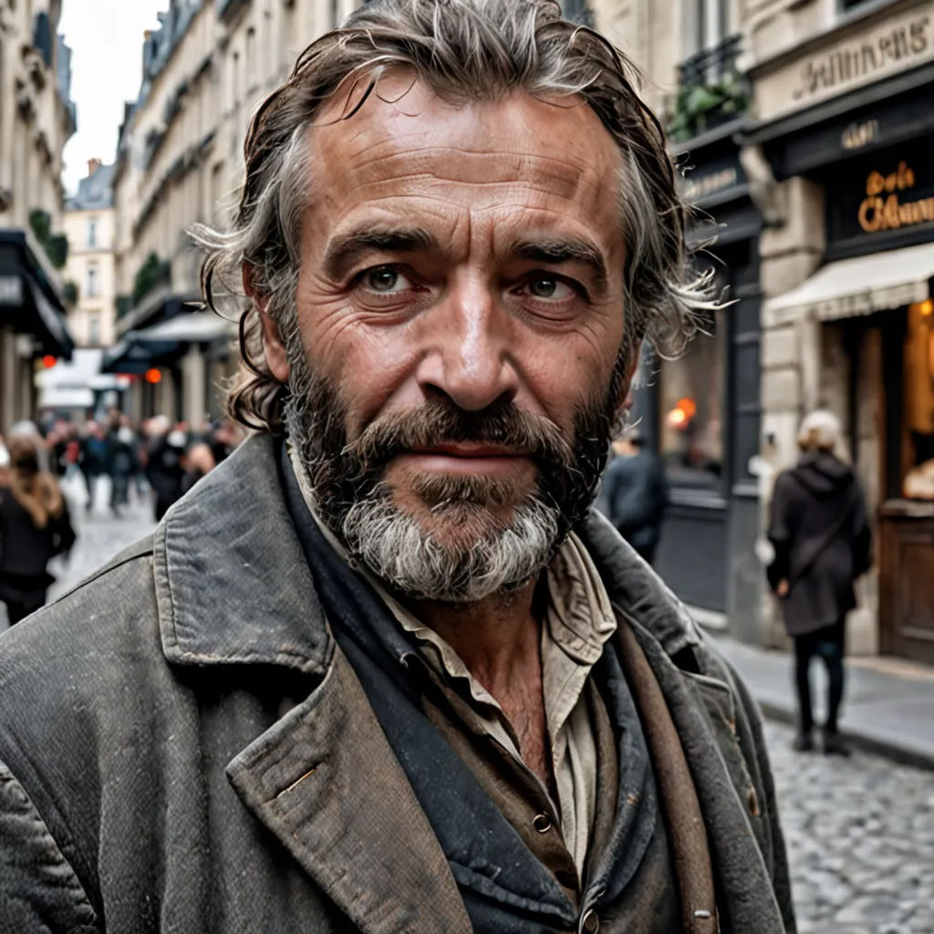 a man with a beard and a leather jacket on a street corner in a city with people walking around, figuration libre, a character portrait, David Annand, promotional image
