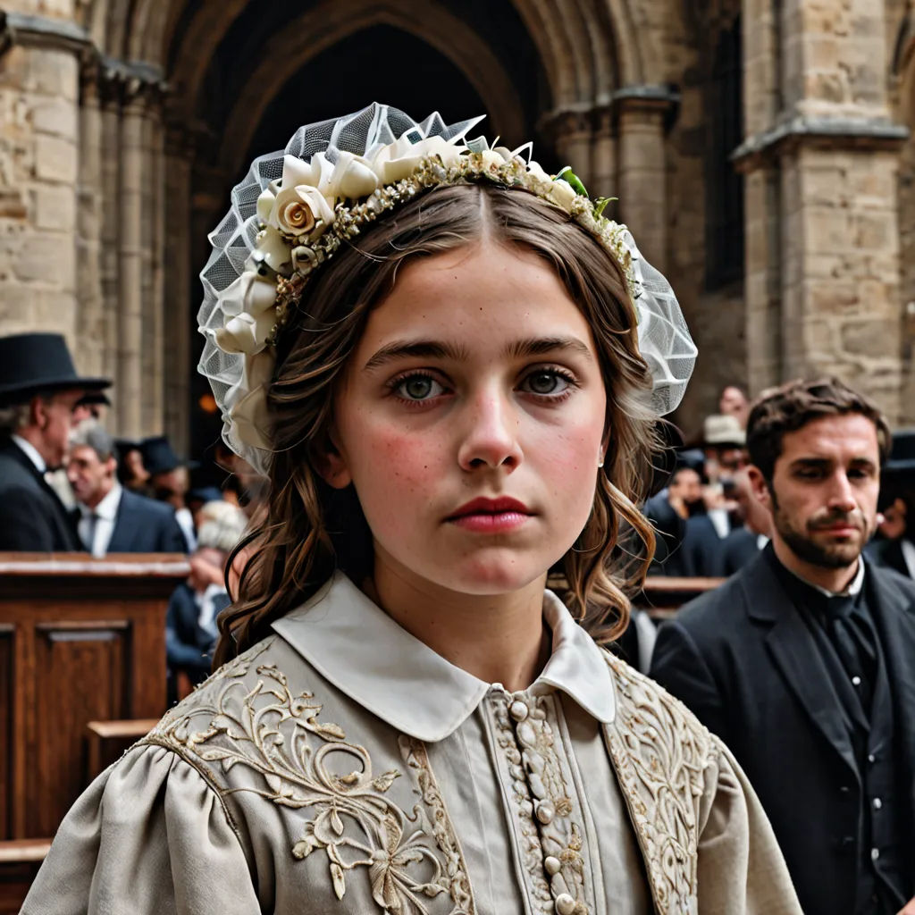 a young girl wearing a white veil and a flower crown in front of a crowd of people in a church, pre-raphaelitism, a poster, Brigid Derham, promotional image