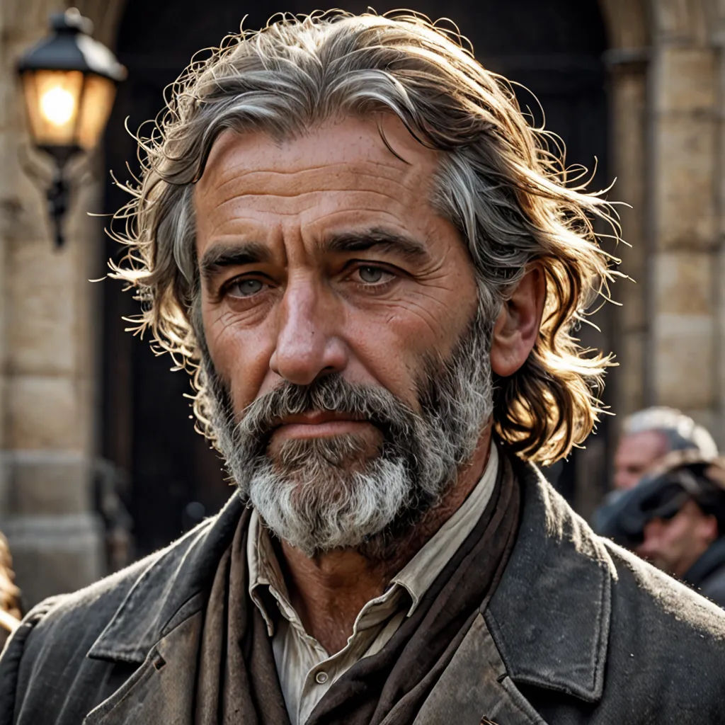 a man with a beard and a leather jacket on standing in front of a building with a light on, arbeitsrat für kunst, a character portrait, Eric de Kolb, promotional image
