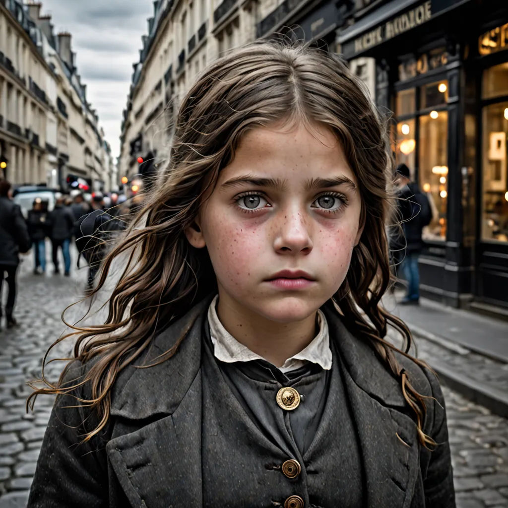 a young girl with long hair standing in front of a store on a street corner with people walking by, art photography, a character portrait, Celia Fiennes, award-winning photograph