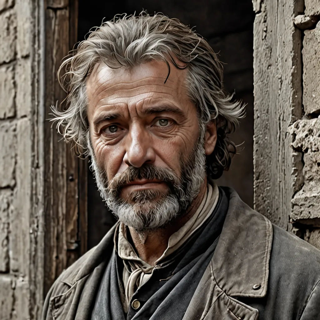 a man with a beard and a beard standing in front of a building with a door and window frame, primitivism, a character portrait, Aleksander Gine, promotional image