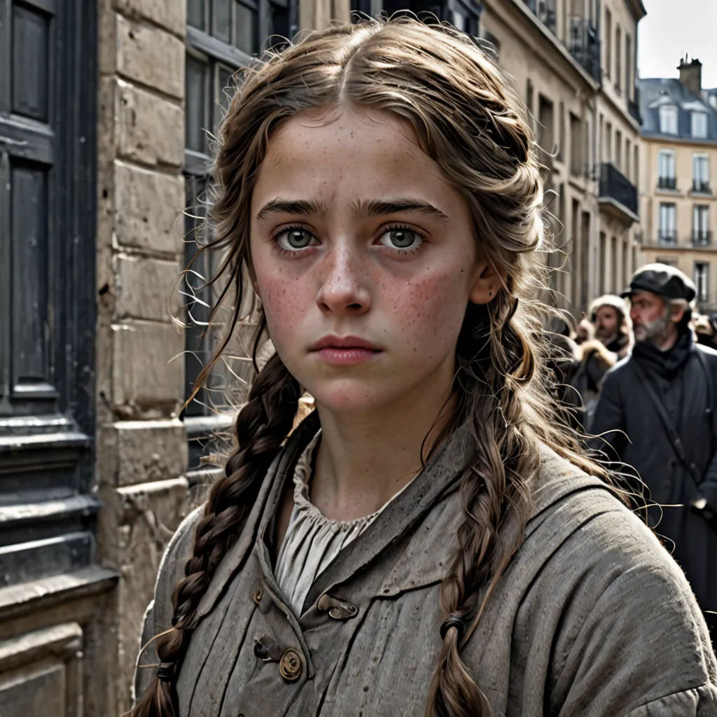 a girl with a braid standing in front of a building with people walking by her and a man in the background, figuration libre, a character portrait, Celia Fiennes, movie still