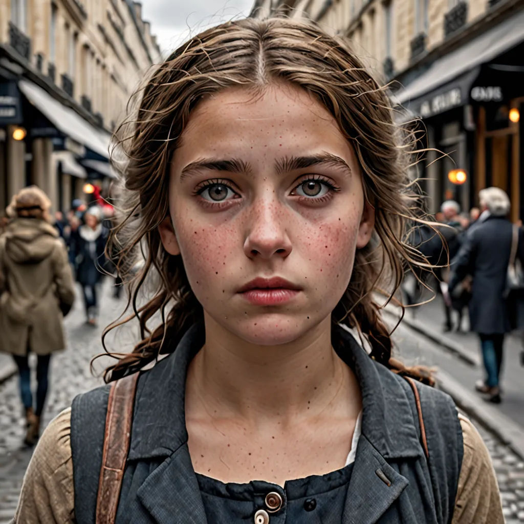 a girl with freckles on her face standing on a street corner with people walking by and buildings, art photography, a character portrait, Daniel Lieske, cinematic photography