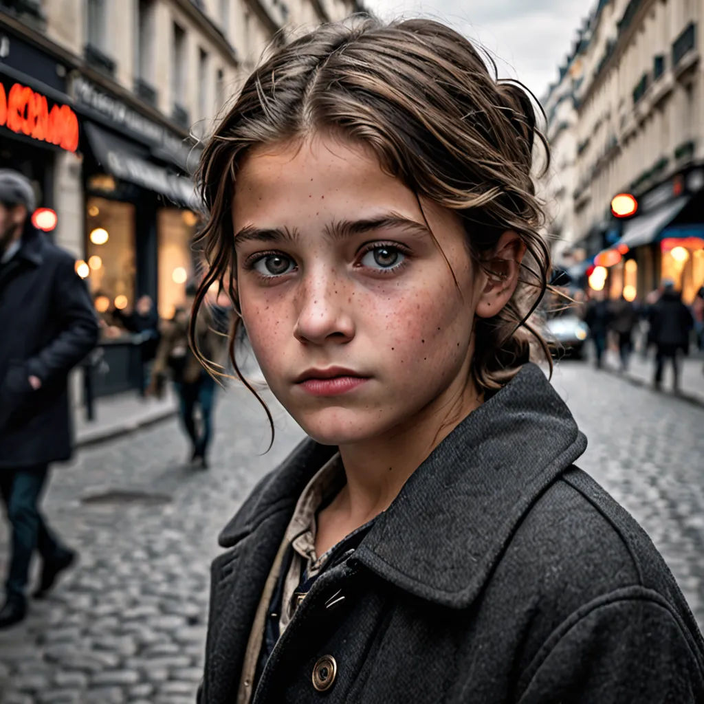 a young girl standing on a street corner in a city with people walking around her and a man walking down the street, barbizon school, a character portrait, Dora Maar, cinematic photography