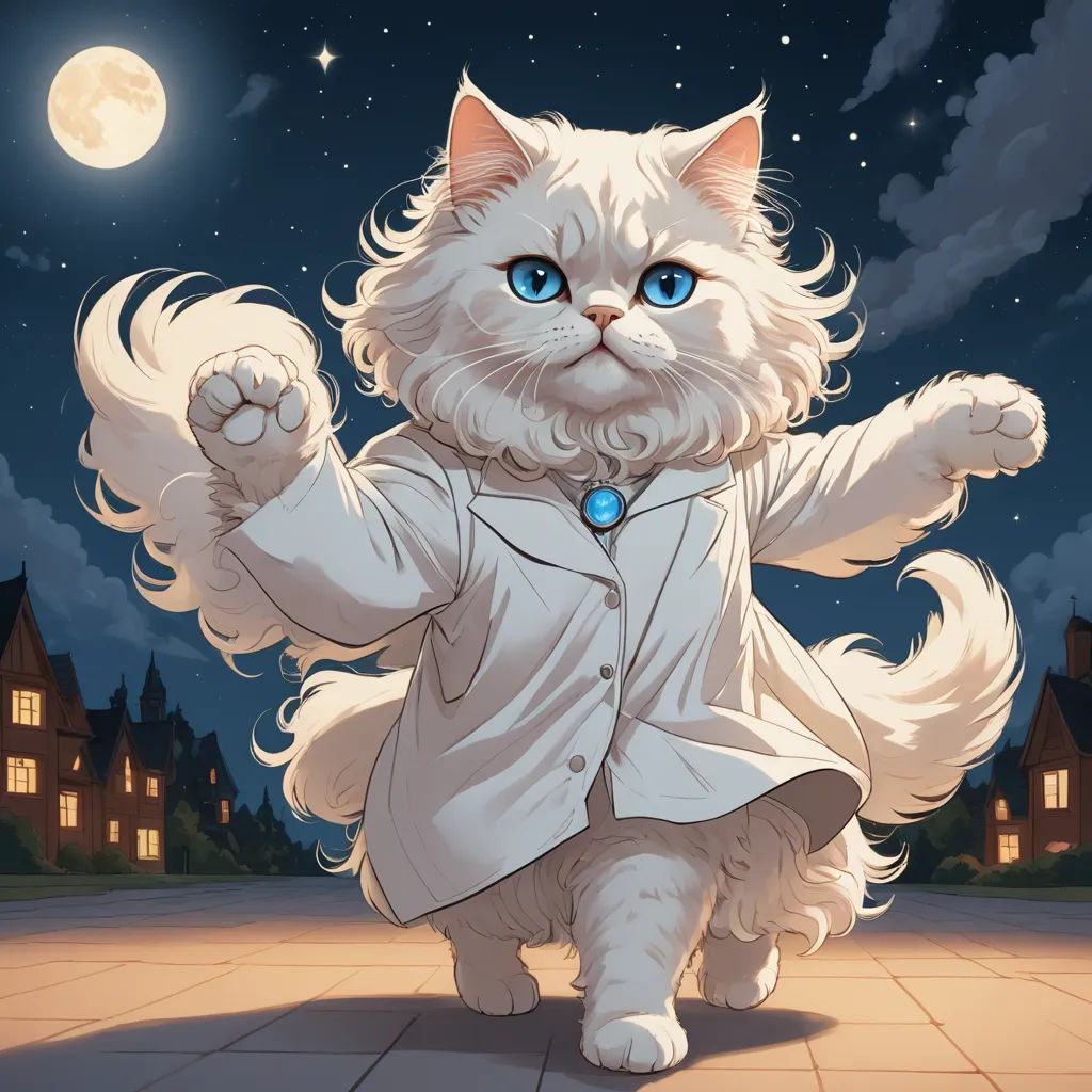 a white cat dressed in a white coat and blue eyes dancing in the night sky with a full moon behind it, furry art, a storybook illustration, Chris LaBrooy, yukito kishiro