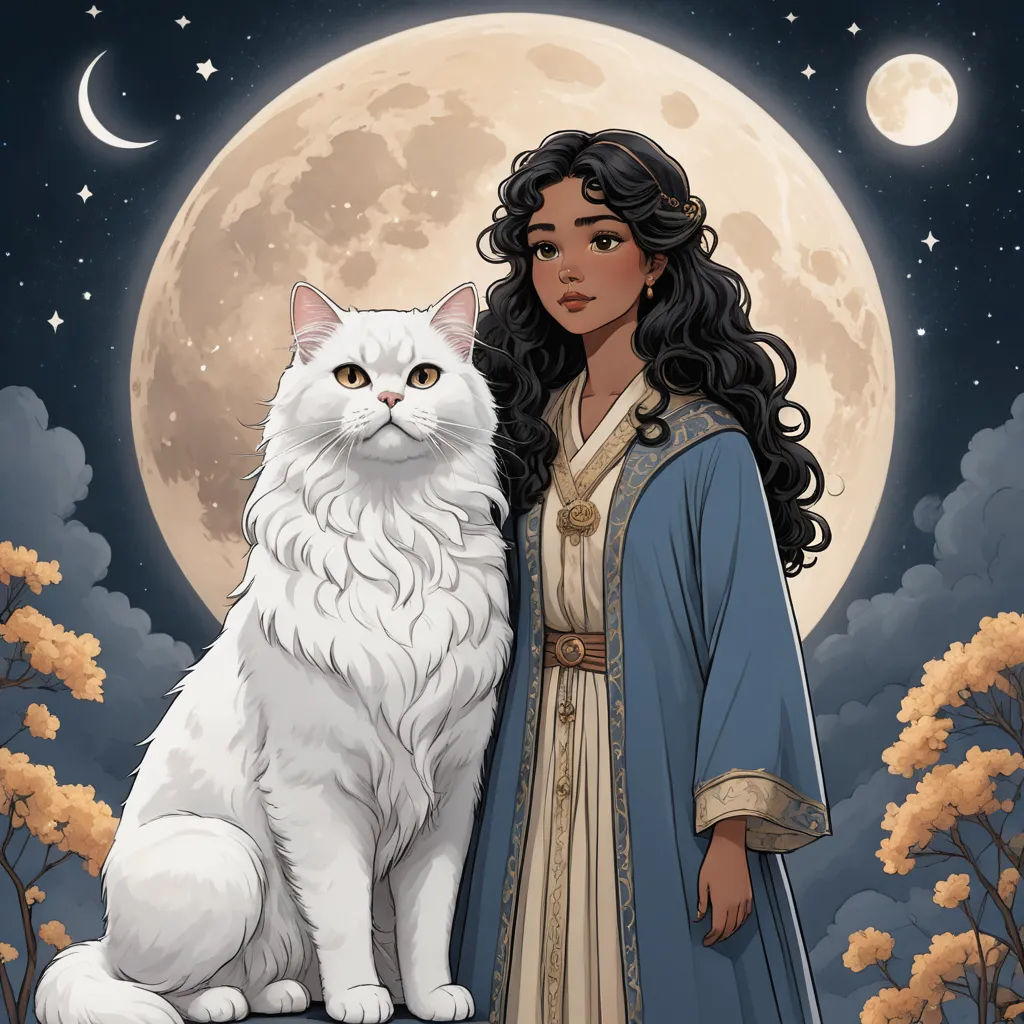 a woman in a long dress standing next to a white cat in front of a full moon and trees, fantasy art, a character portrait, Charlie Bowater, comic cover art